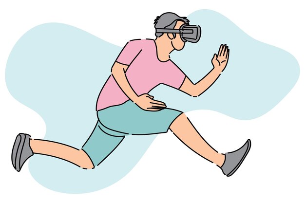 Feliz joven saltando en el simulador de realidad virtual Ilustración de diseño plano