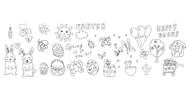 Feliz juego de fondo de doodle de Pascua contorno ilustración vectorial aislado puede usar para estandarte de primavera