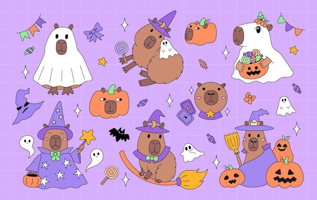 Feliz juego de Halloween Animales divertidos Capibara personajes magos