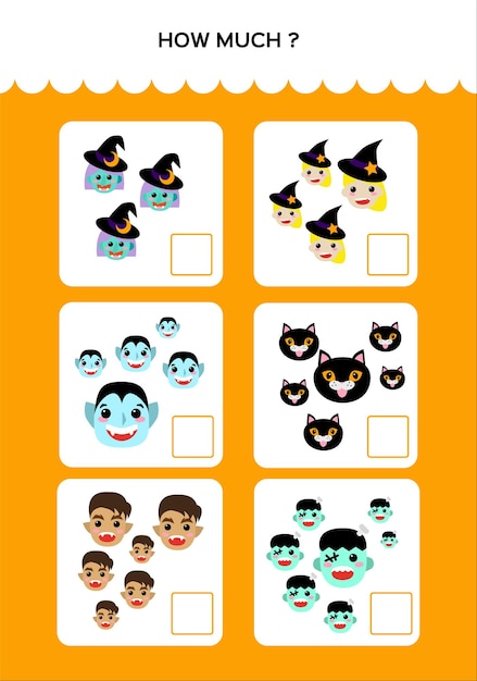 Feliz juego de matemáticas de halloween para niños con monstruos. práctica matemática. juego educativo para niños. cómo mach y cuántos. vector