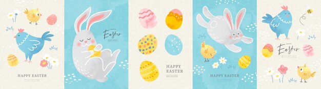 Feliz juego de tarjetas de Pascua con conejitos lindos pollos gallinas flores y huevos estilo moderno de moda con