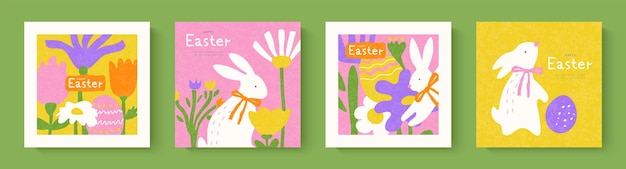 Feliz juego de tarjetas de Pascua con lindos conejitos de Pascua dibujados a mano flores de primavera y huevos de Pascua modernos