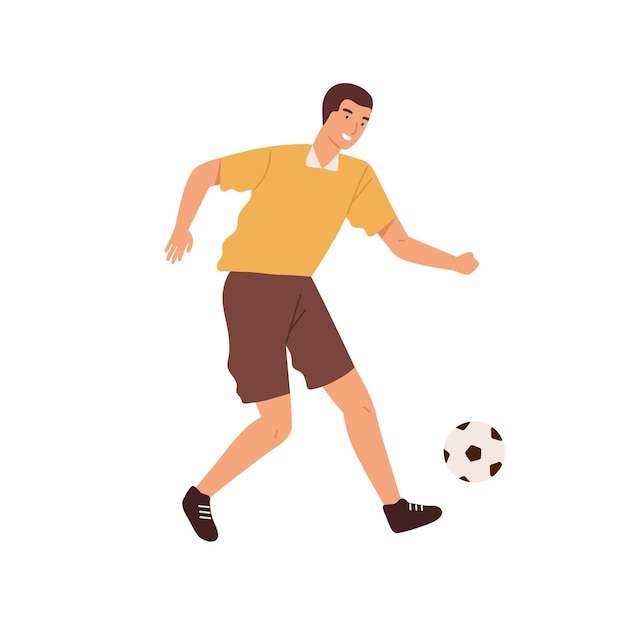 Feliz jugador de fútbol profesional masculino pateando la ilustración plana del vector de pelota. Sonriente deportista experto en uniforme corriendo, jugando al fútbol aislado en blanco. Chico activo disfrutando de los deportes.