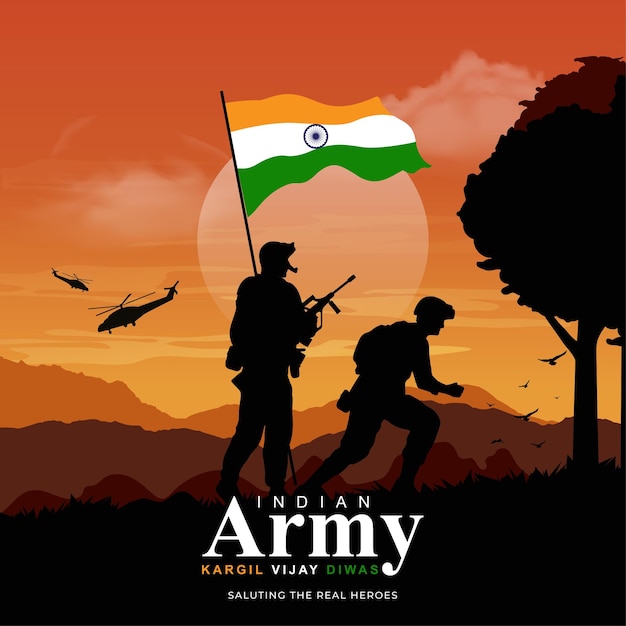 Feliz Kargil Vijay Diwas Ilustración vectorial del ejército indio con bandera y texto celebrando el 26 de julio