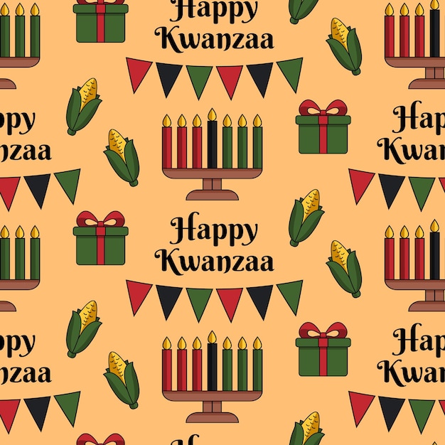 Feliz kwanzaa sin fisuras de fondo en moderno plano kinara portavelas maíz caja de regalo texto