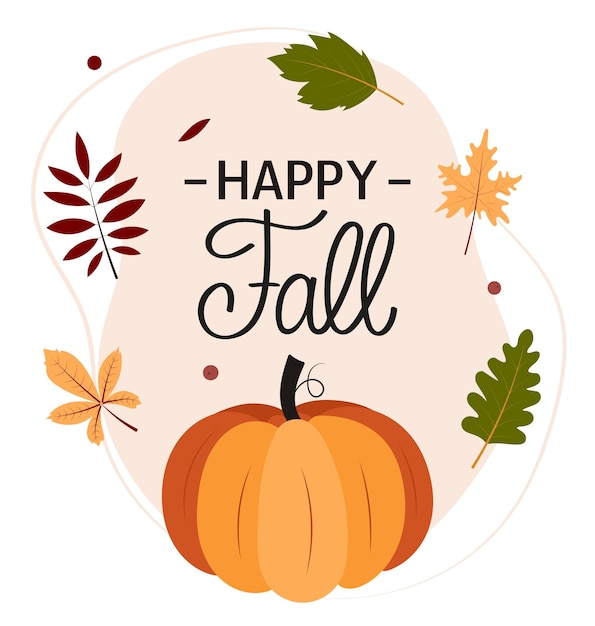 Feliz letra de otoño Eslogan de la temporada de otoño con calabaza y hojas coloridas Ilustración vectorial