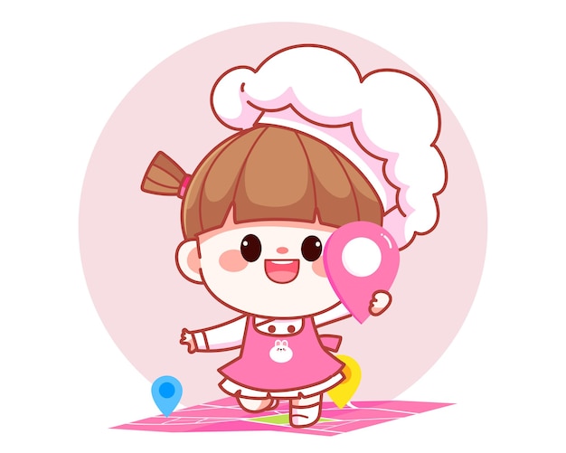 Feliz linda chica chef de pie en el mapa y sosteniendo la ubicación pin banner logo ilustración de arte de dibujos animados