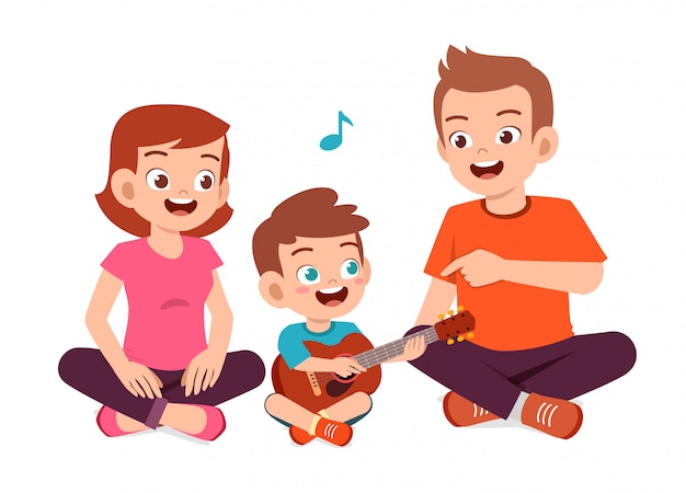 Feliz linda familia mamá papá hijo hija tocar guitarra