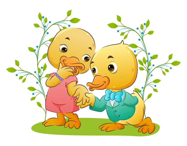 La feliz linda pareja de patos en el parque de la ilustración