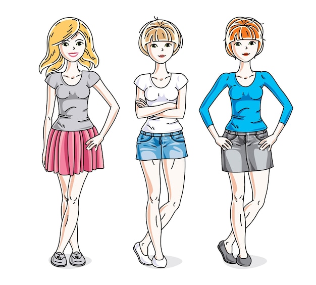 Feliz lindo grupo de mujeres jóvenes de pie con ropa informal. Conjunto vectorial de ilustraciones de personas hermosas.