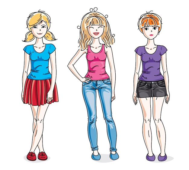 Feliz lindo grupo de mujeres jóvenes de pie con ropa informal de moda. Conjunto vectorial de ilustraciones de personas hermosas.