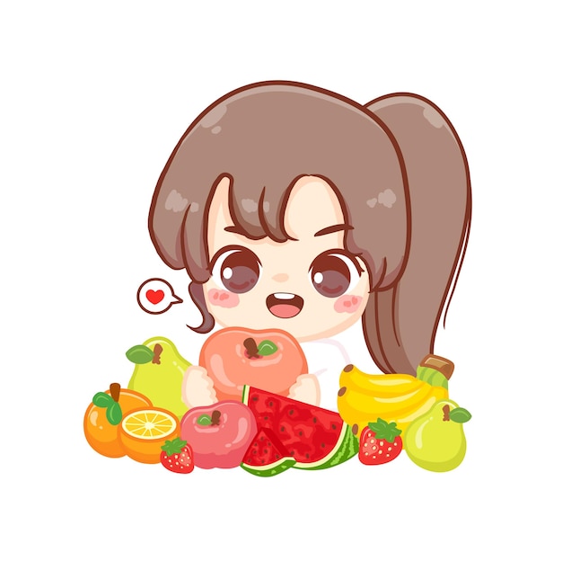 Feliz lindo niño niña comer fruta saludable comida kawaii dibujos animados