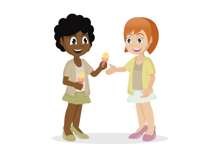 Vector feliz, lindo, niño, niña, dar, amigo, helado