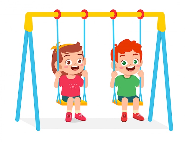 Feliz lindo niño niño y niña juegan swing