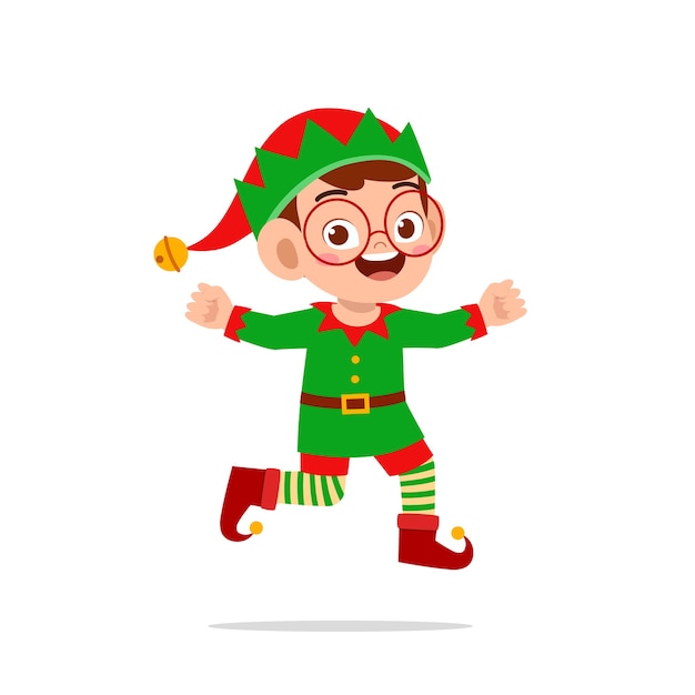Feliz lindo niño niño y niña con traje de Navidad de elfo verde