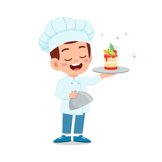 Feliz lindo niño niño usar uniforme de chef y cocinar un pastel de cumpleaños