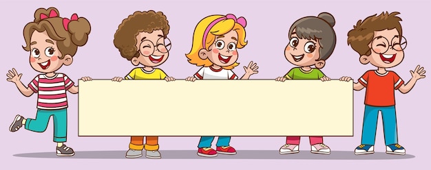 feliz lindo niño pequeño educación con banner en blanco ilustración vectorial
