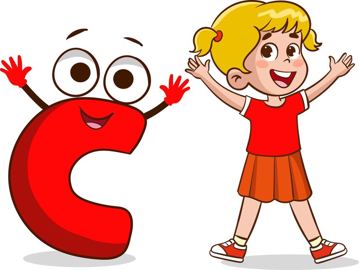 Vector feliz y lindo niño pequeño estudia el carácter de la letra c del alfabeto