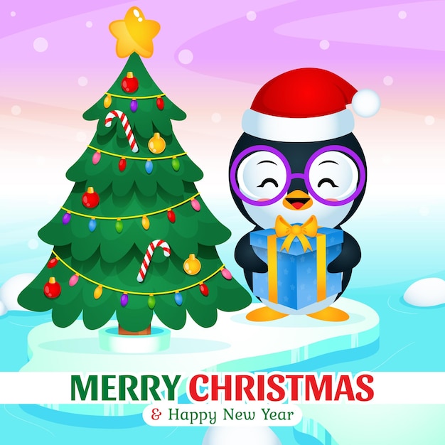 Feliz lindo pingüino con caja de regalo Navidad y año nuevo en iceberg