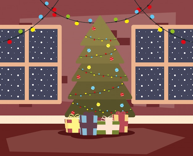 Vector feliz lugar de casa de navidad feliz con escena de árbol y regalos