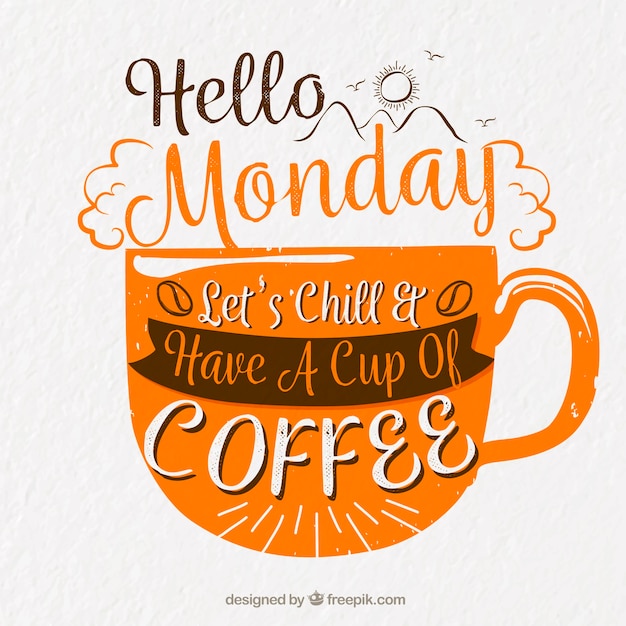 Vector feliz lunes, letras naranja con una taza de café