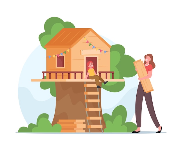 Feliz madre construyendo una casa en el árbol para su pequeña hija. Personaje femenino sonriente sosteniendo tablones de madera en las manos. Personajes familiares Diversión al aire libre, tiempo libre, vacaciones. Ilustración de Vector de gente de dibujos animados