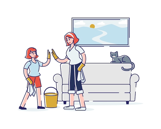Feliz madre e hija limpiando la habitación juntos limpiando el polvo y la tristeza