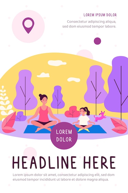 Feliz madre e hija practicando yoga en el parque ilustración plana