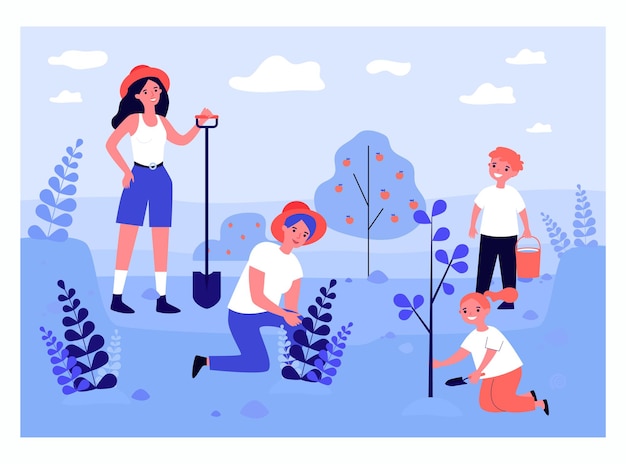 Feliz madre e hijos plantando árboles ilustración vectorial plana. Mujer de pie con pala, niño sosteniendo regadera. Familia, jardín, concepto ecológico para banner, diseño de sitio web o página web de destino