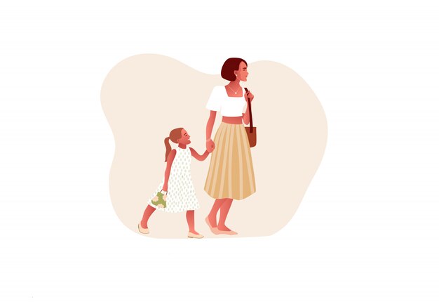 Feliz madre con estilo con hija. Mamá sostiene la mano de su hija. Feliz día de la madre. Aislado sobre fondo blanco Estilo de dibujos animados ilustración