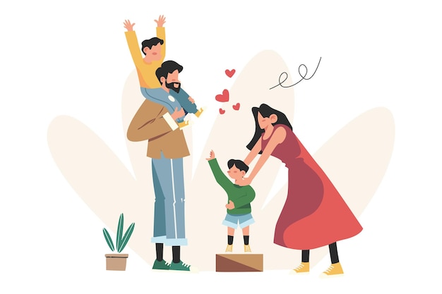 Feliz madre de familia padre hija hijo cogidos de la mano y abrazándose