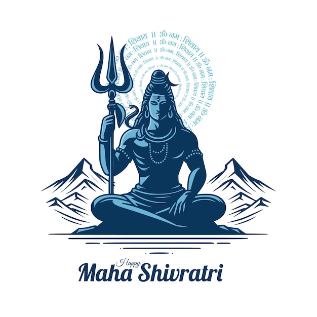 Vector feliz maha shivratri saludando con mahadev trishul sosteniendo y la ilustración del paisaje de la montaña