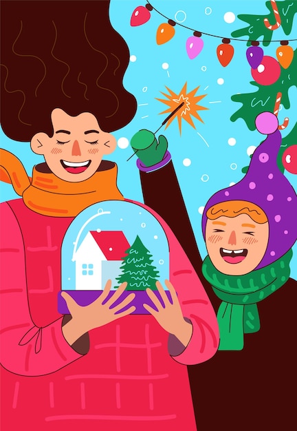 Vector feliz mamá e hija o hijo celebra el año nuevo y feliz navidad riendo padre mantenga nieve