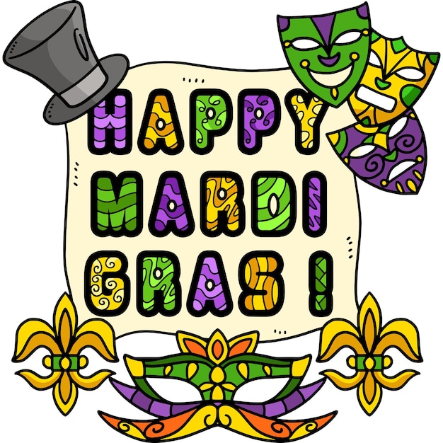 Vector feliz, mardi gras, caricatura, coloreado, clipart