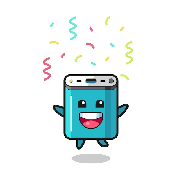 Feliz mascota del banco de energía saltando de felicitación con confeti de colores, diseño de estilo lindo para camiseta, pegatina, elemento de logotipo