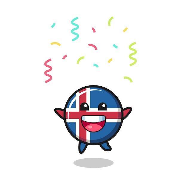 Feliz mascota de la bandera de islandia saltando de felicitación con confeti de color