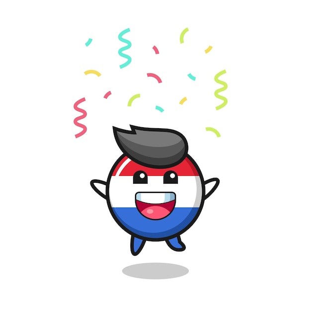 Feliz mascota de la insignia de la bandera de los países bajos saltando de felicitación con confeti de color