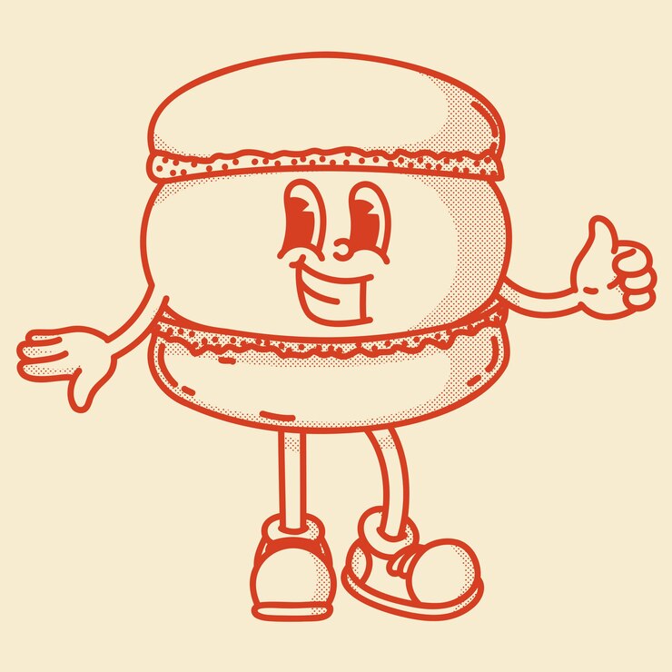 Vector feliz mascota retro francesa dulce macarrón personaje sonriente pulgar hacia arriba menú símbolo de panadería casera
