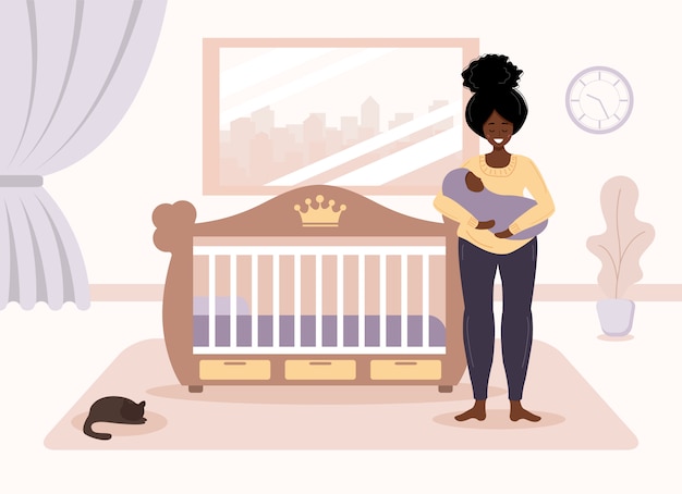 Feliz maternidad. Niña africana se encuentra en la cuna y sostiene al bebé en sus brazos.