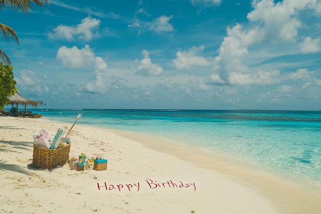 un feliz mensaje de cumpleaños en una playa con una palmera en el fondo