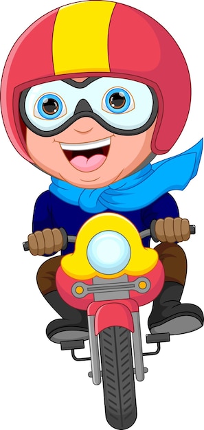 feliz, motociclista, caricatura, aislado, blanco, plano de fondo