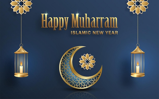 Feliz Muharram el Año Nuevo Islámico nuevo diseño del año Hijri con patrón dorado sobre fondo de color