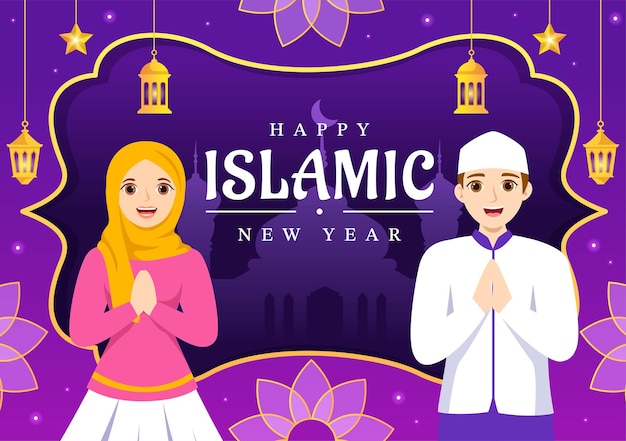 Feliz muharram año nuevo islámico vector ilustración con niños musulmanes plantillas de fondo