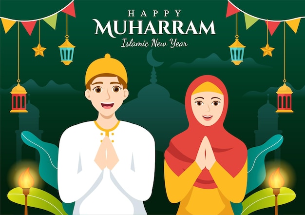 Feliz muharram año nuevo islámico vector ilustración con niños musulmanes plantillas de fondo