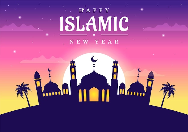 Feliz Muharram Año Nuevo Islámico Vector Ilustración con Niños Musulmanes Plantillas de Fondo