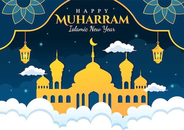 Feliz muharram año nuevo islámico vector ilustración con niños musulmanes plantillas de fondo