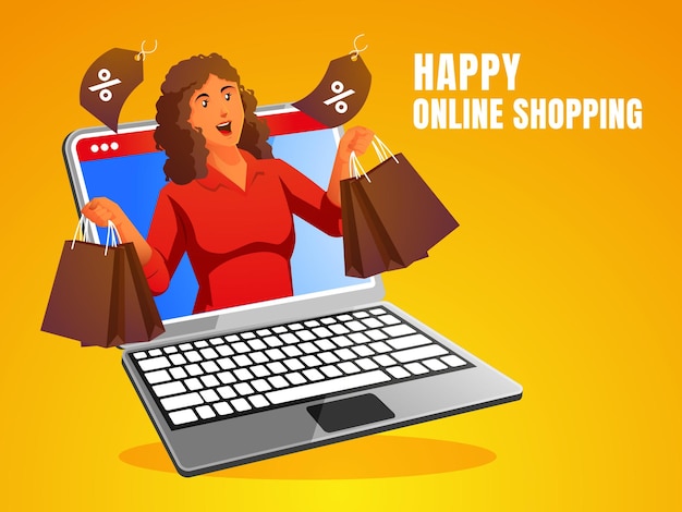 Una feliz mujer de compras con una laptop