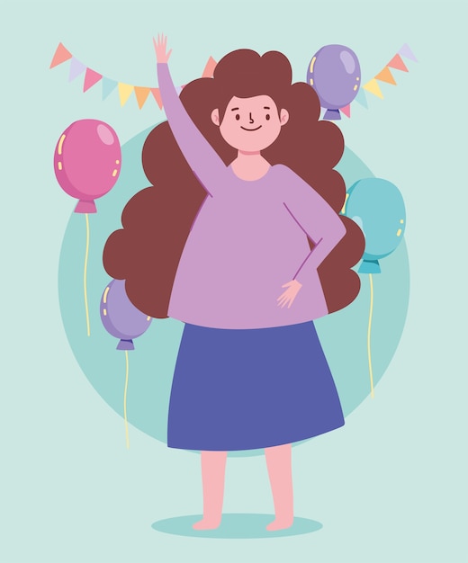 Feliz mujer de dibujos animados celebración fiesta globos banderines