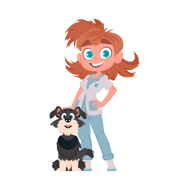 Feliz mujer doctora animal y adorable perro vector ilustración