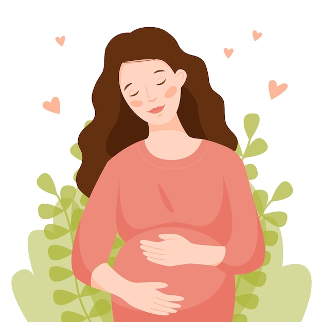 Vector feliz mujer embarazada abraza su vientre. chica sobre un fondo de hojas y corazones.